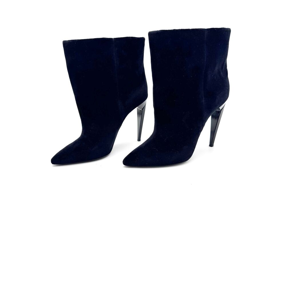Saint Laurent Freja Black Velvet Slouchy Pointed Toe Cone Heel Boots EU 39